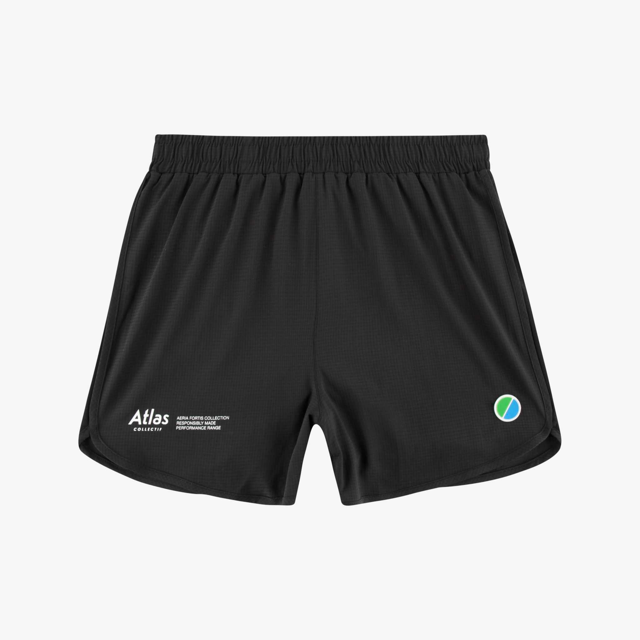 Aeria Fortis Race Shorts in black featuring breathable micro-mesh, quick-dry fabric, and a zippered back pocket.